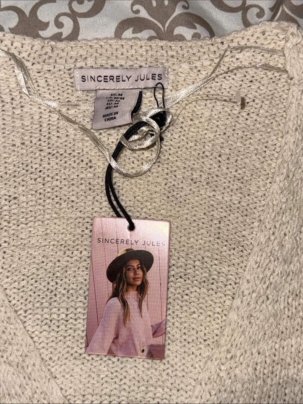 Sincerly Jules Beige Open-Knit Tie-Front Tank